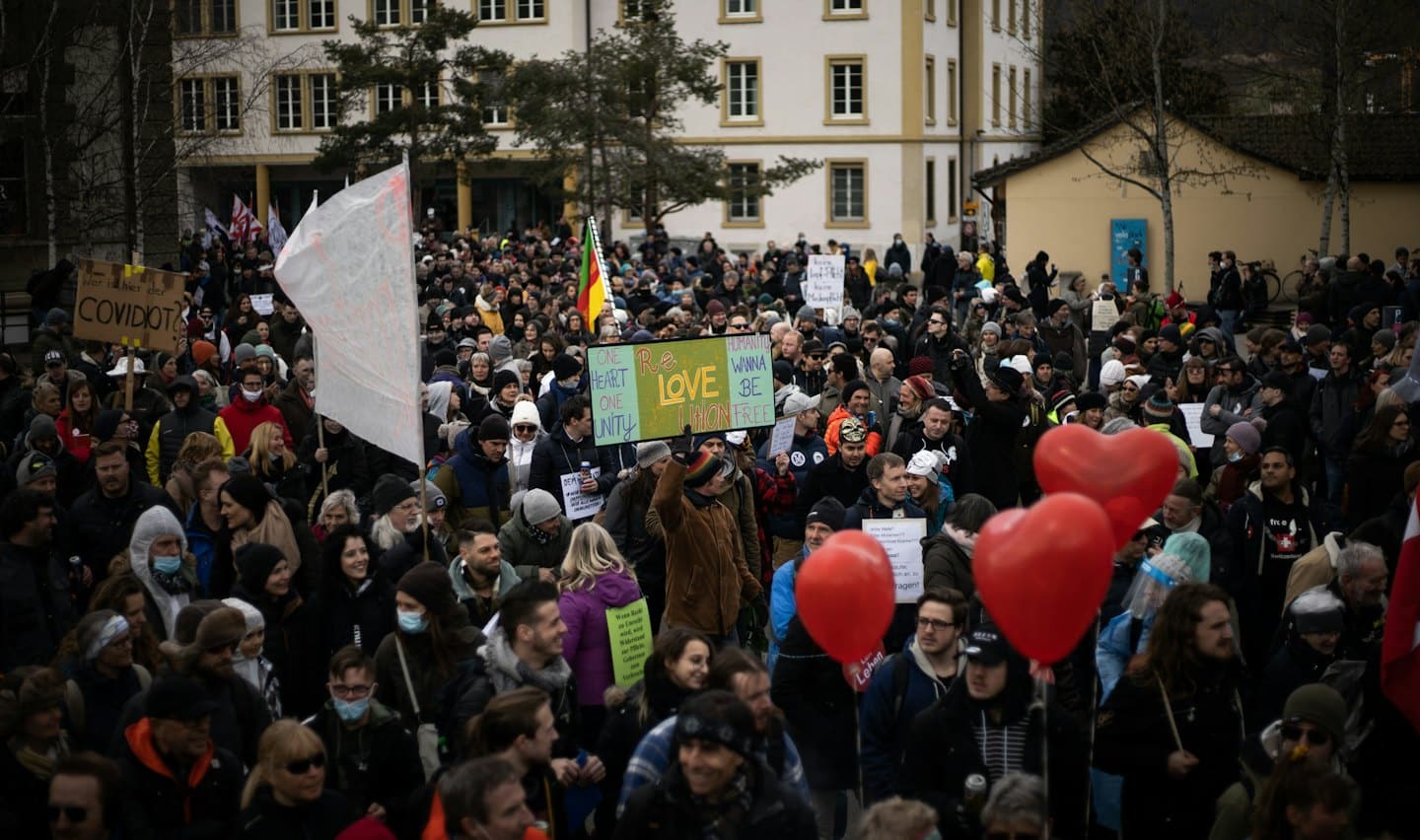 Folla eterogenea con cartelli e bandiere a una protesta all'aperto.